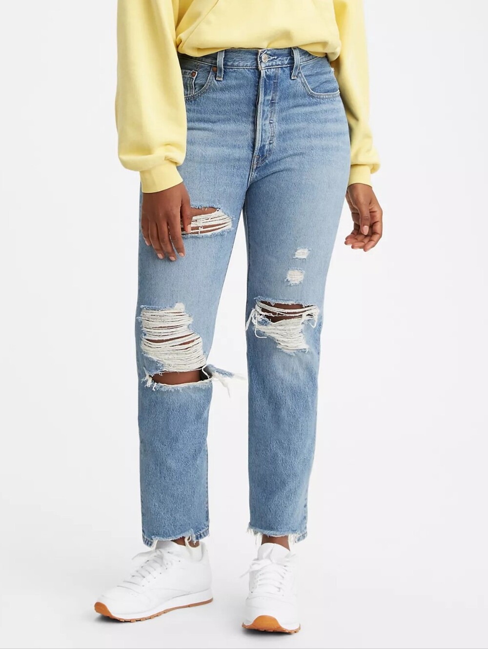 Levis Womens Luxor Street Light Blue 501 Original Fit Ripped Jeans Size 27x30